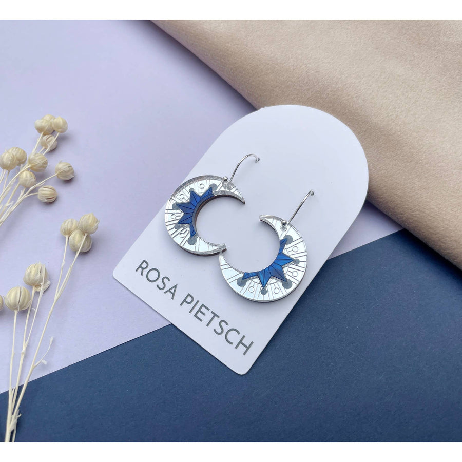 Aurora Moon Drop Earrings - Silver & Cobalt Marble
