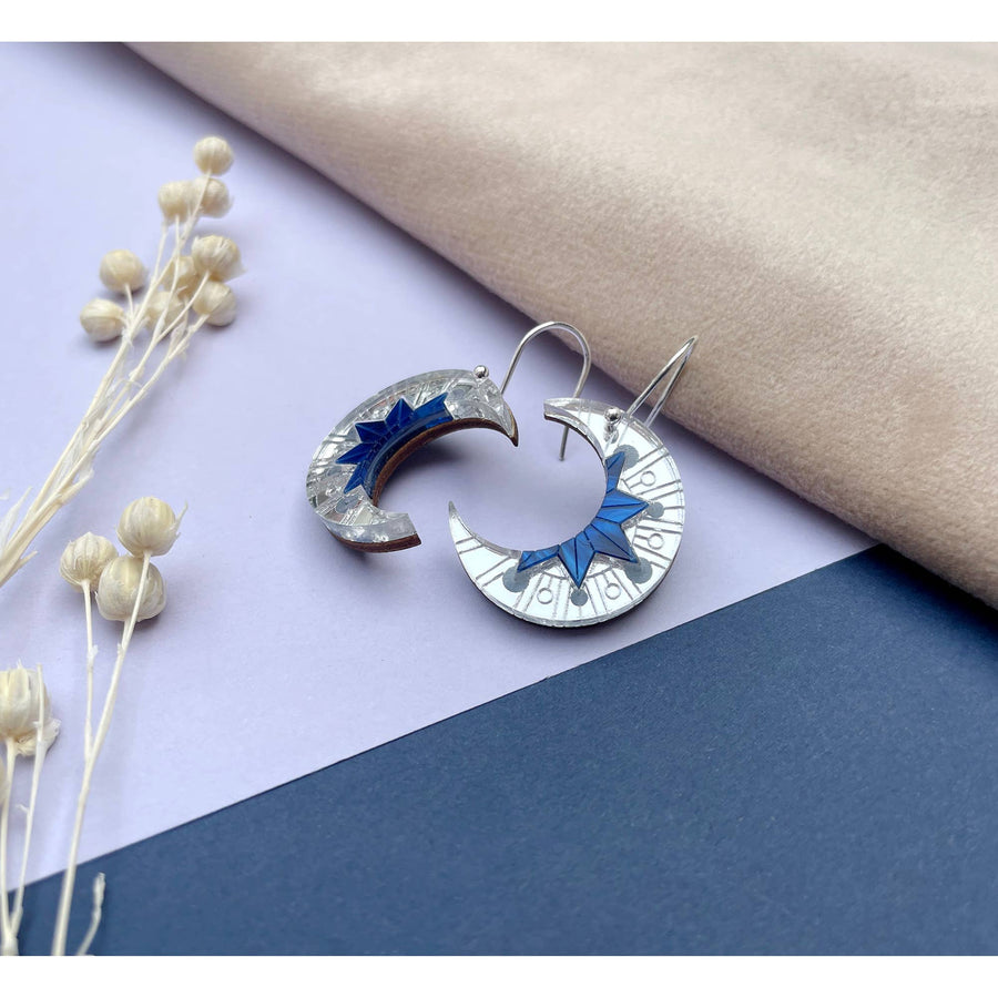 Aurora Moon Drop Earrings - Silver & Cobalt Marble