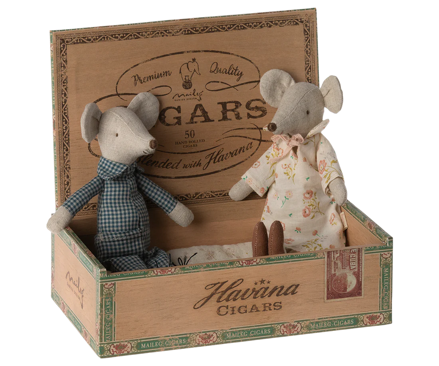 Grandma & Grandpa Mice in Cigar Box